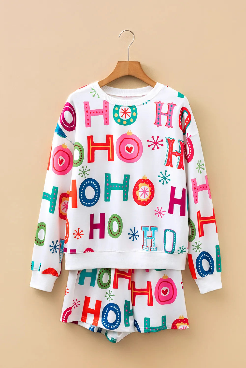 White Ho Ho Ho Christmas Fashion Print 2pcs Lounge Short Set