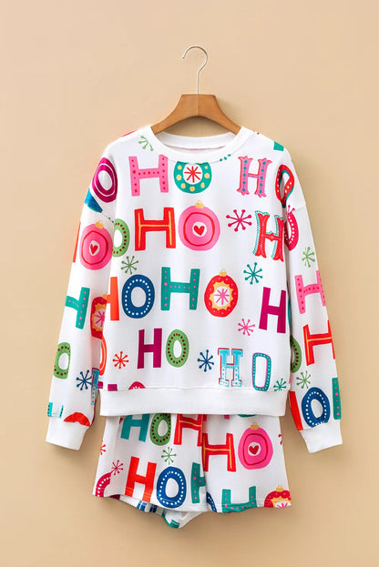 White Ho Ho Ho Christmas Fashion Print 2pcs Lounge Short Set