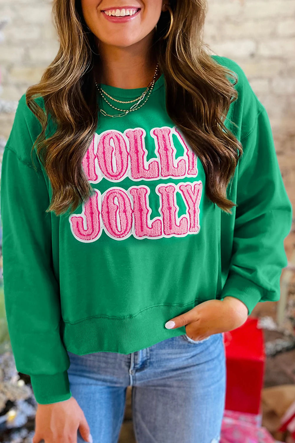 Green HOLLY JOLLY Towel Embroidered Christmas Holiday Sweatshirt