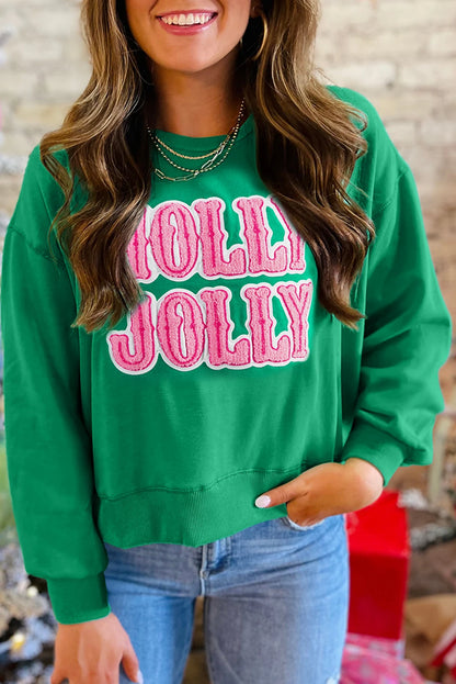 Green HOLLY JOLLY Towel Embroidered Christmas Holiday Sweatshirt