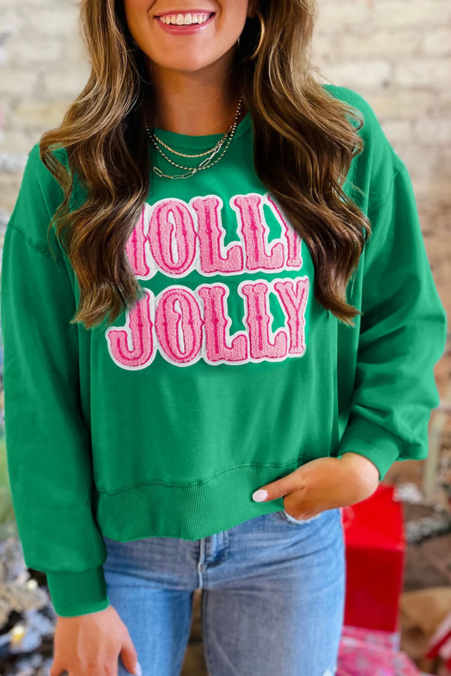 Green HOLLY JOLLY Towel Embroidered Christmas Holiday Sweatshirt