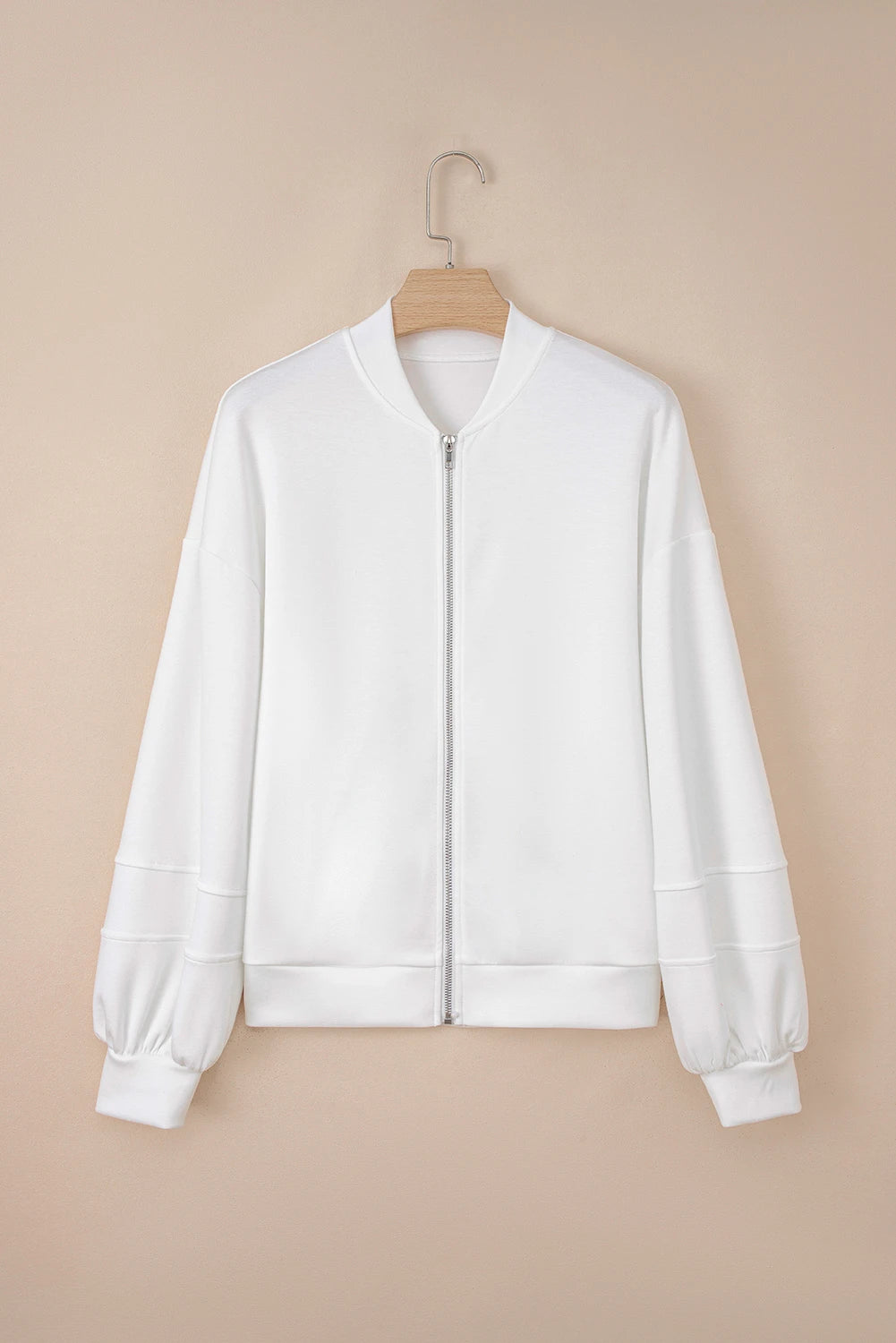 White Solid Color Zip Up Knit Puff Sleeve Jacket