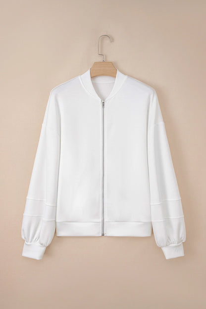 White Solid Color Zip Up Knit Puff Sleeve Jacket