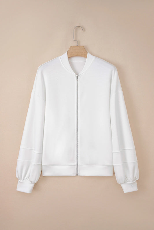 White Solid Color Zip Up Knit Puff Sleeve Jacket