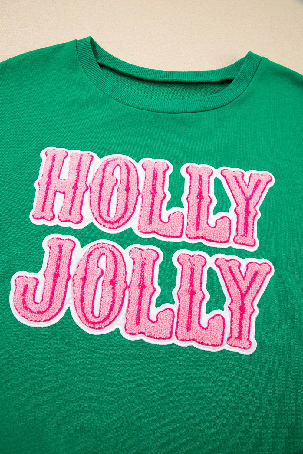 Green HOLLY JOLLY Towel Embroidered Christmas Holiday Sweatshirt