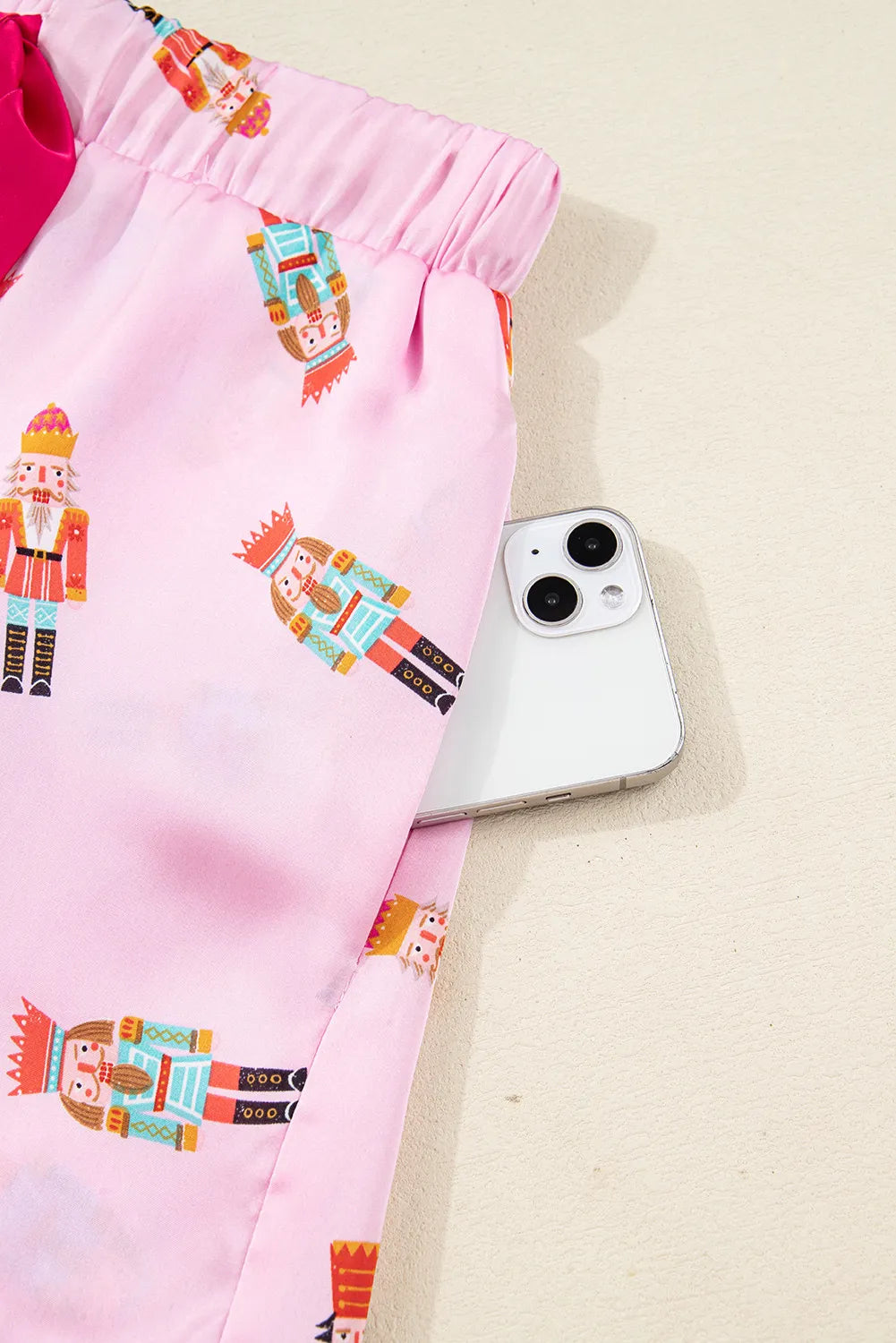 Pink Nutcracker Print Contrast Trim Tied up Bow Silky 2pcs Pajama Set