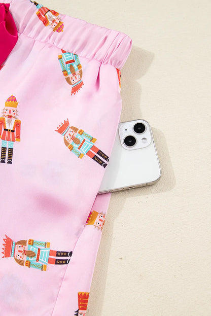 Pink Nutcracker Print Contrast Trim Tied up Bow Silky 2pcs Pajama Set