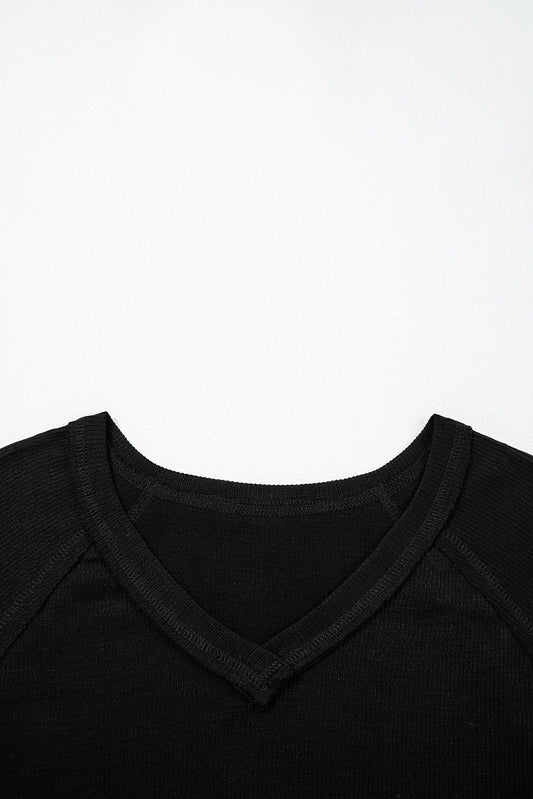 Black Exposed Seam Textured Knit V Neck Pullover Top