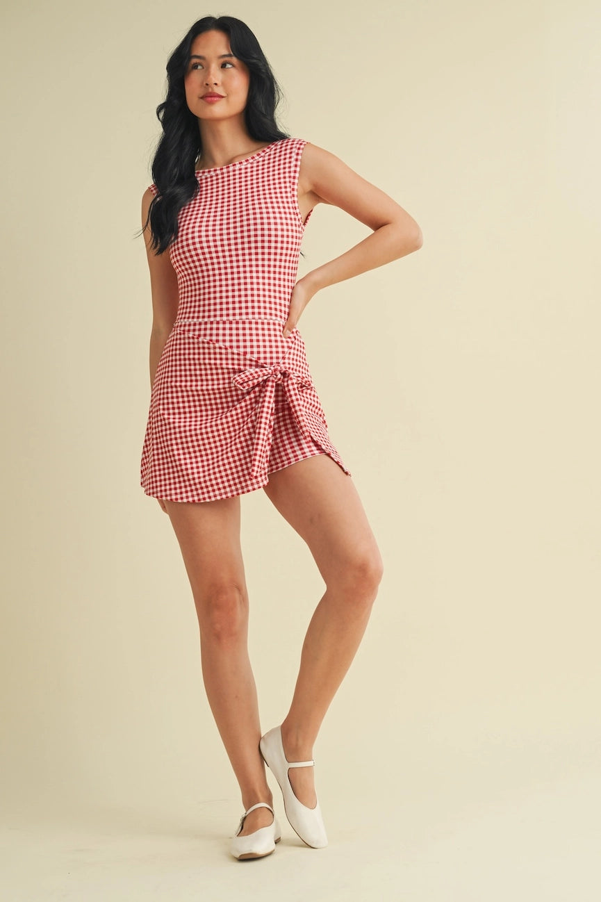 Gingham Print Sleeveless Wrap Tie Front Dress