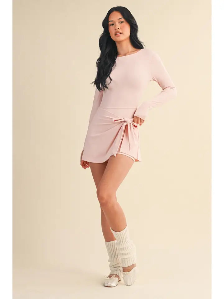 Pink Long Sleeve Wrap Tie Front Dress