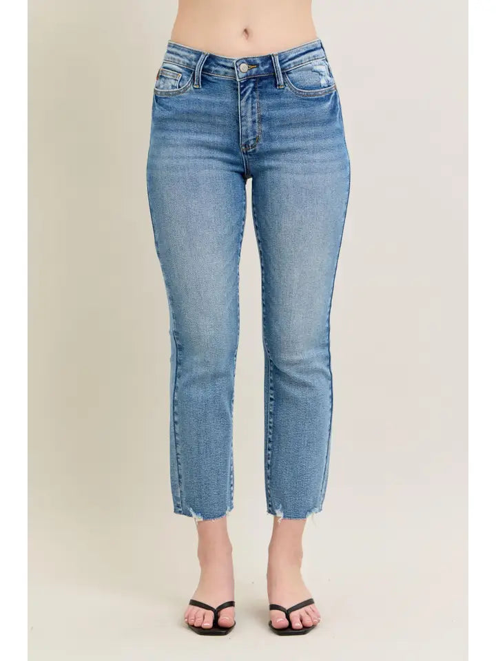 Judy Blue Mid Rise Vintage Wash Destroy Hem Kick Flare