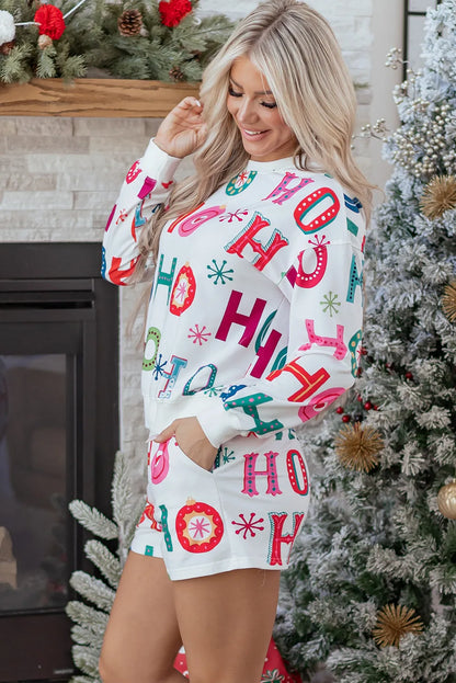 White Ho Ho Ho Christmas Fashion Print 2pcs Lounge Short Set