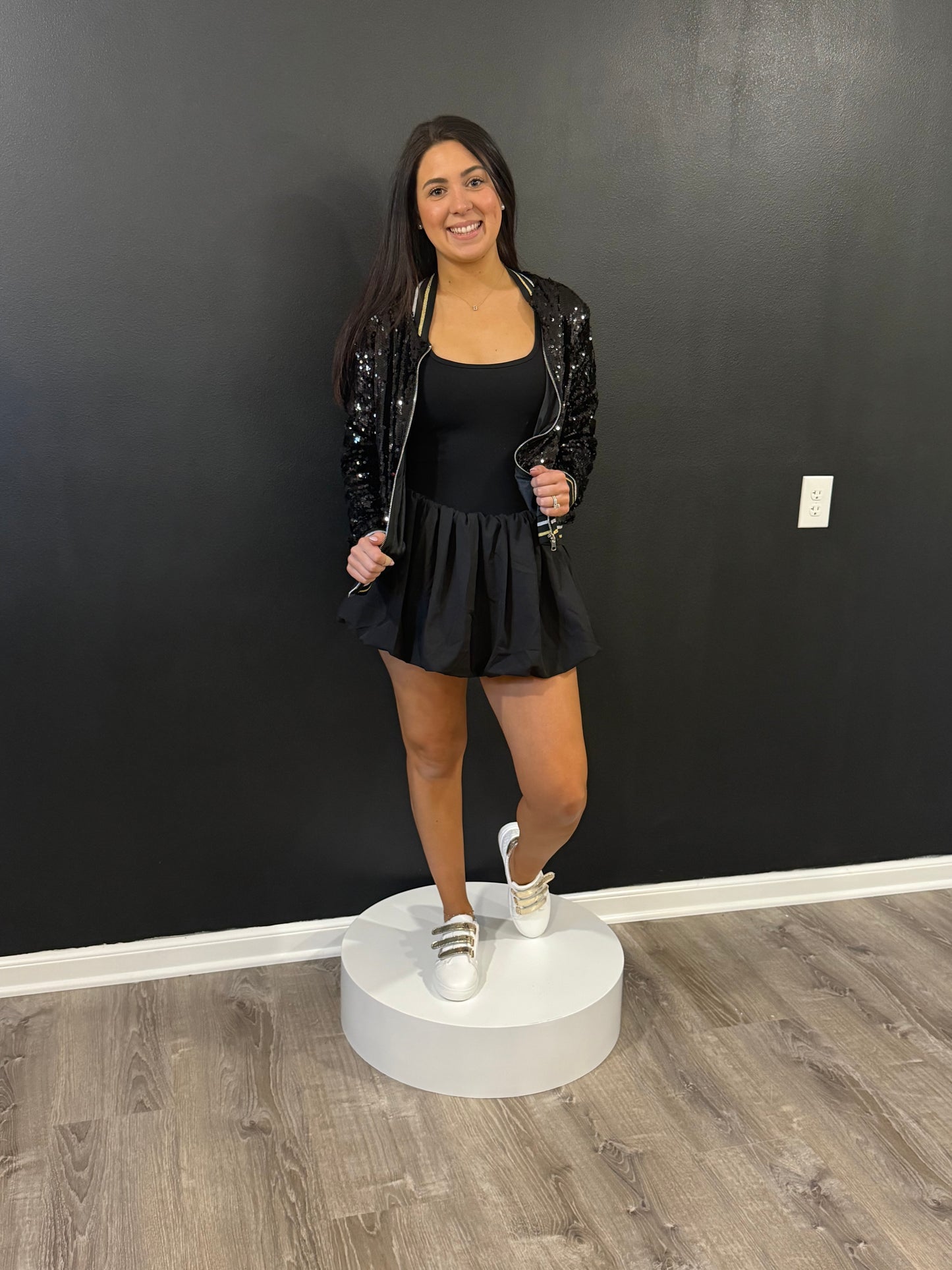 Striped Trim Party Sequin Bomber Jacket