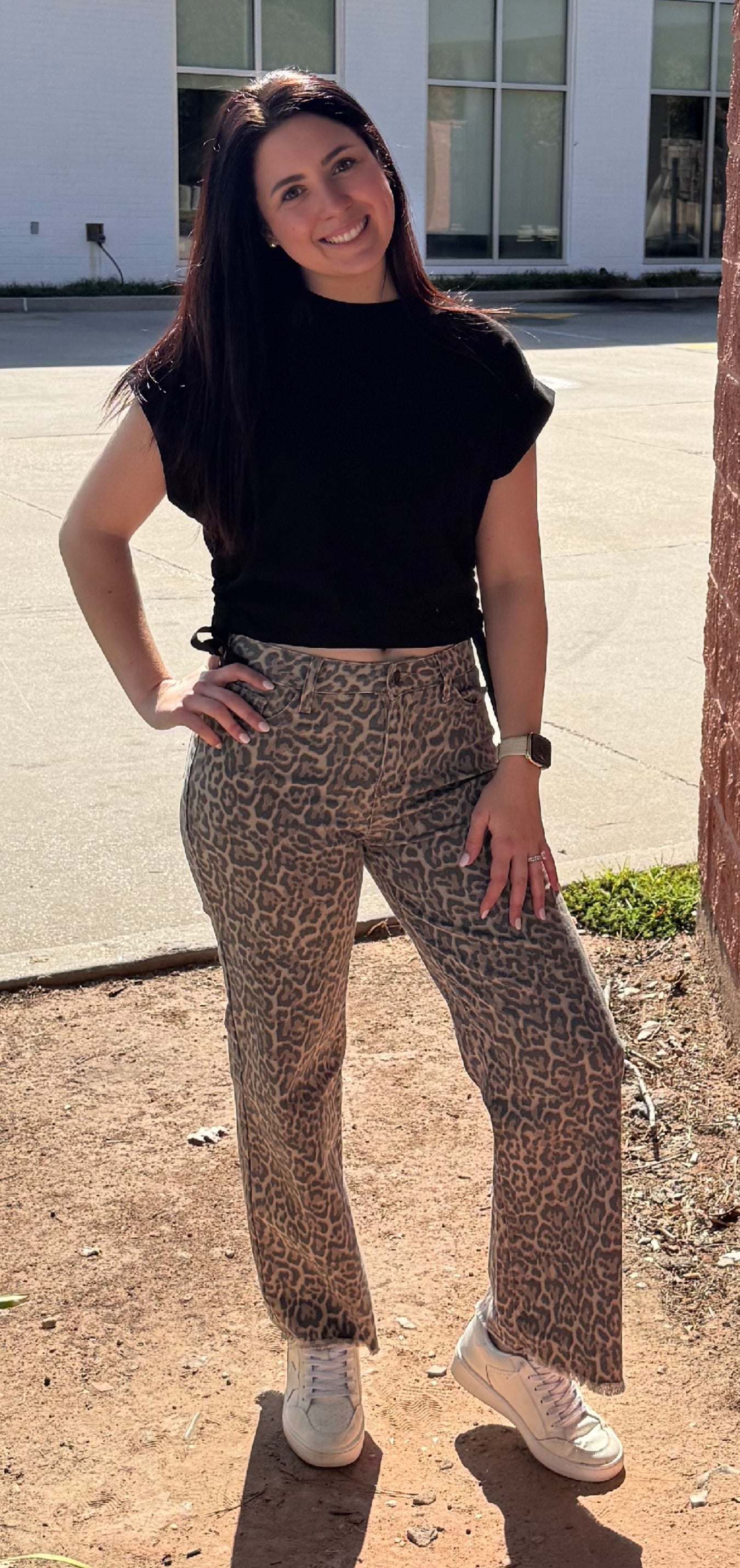 Brown leopard frayed edge, wide leg, high waist jeans