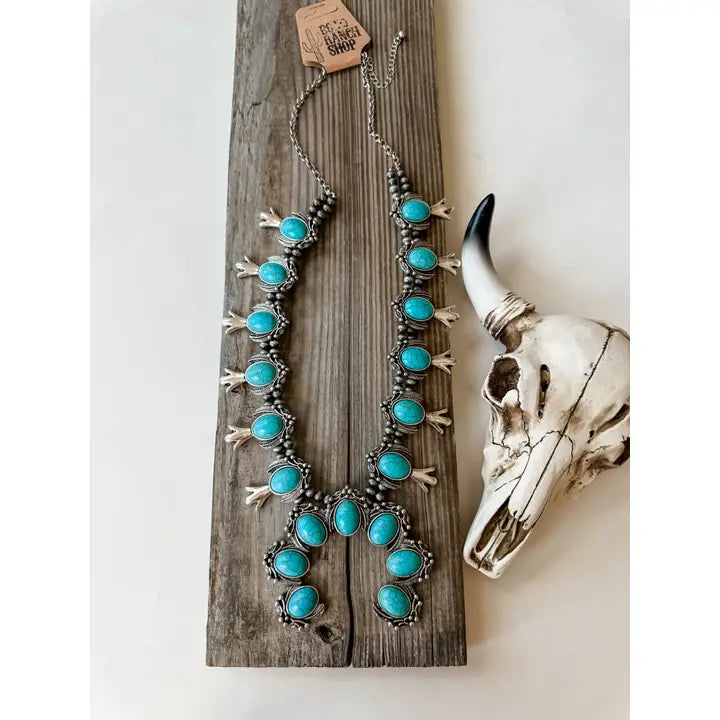 Western Navajo Style Squash Blossom Stone Necklace