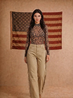 Leopard Mesh Mock Neck Fitted Top