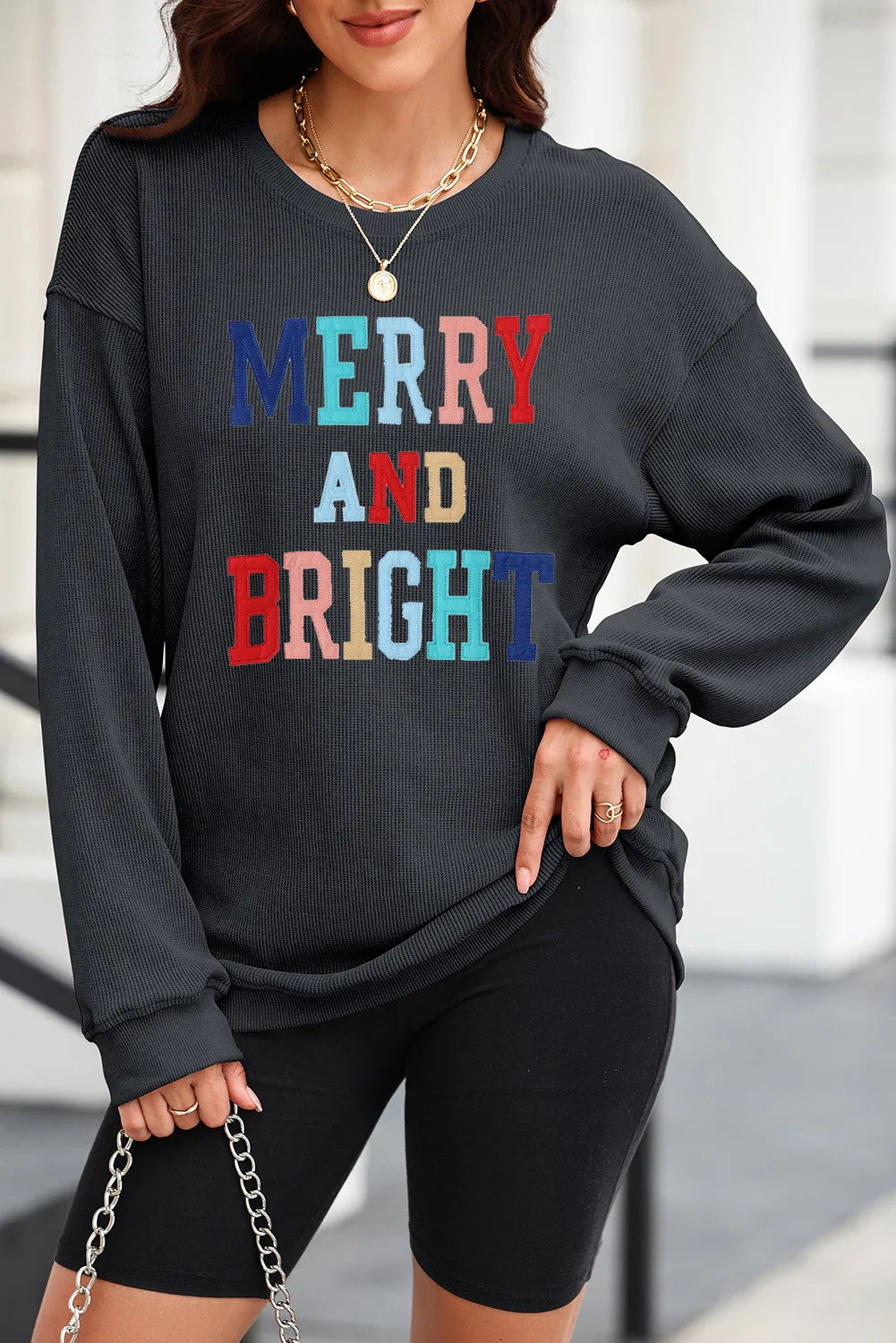 Black MERRY AND BRIGHT Embroidered Corded Sweatshirt