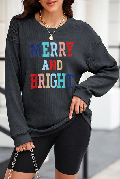 Black MERRY AND BRIGHT Embroidered Corded Sweatshirt
