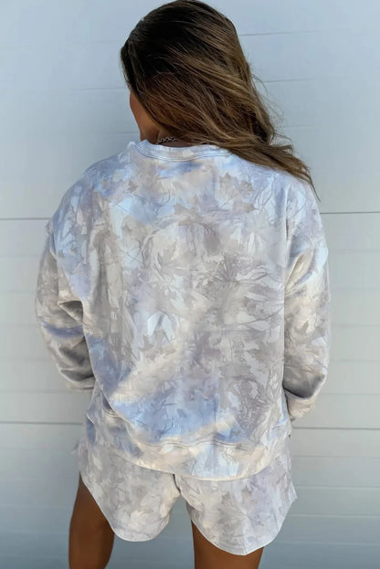 Beige Camo Print Pullover Top and Elastic Waist Casual Short Set