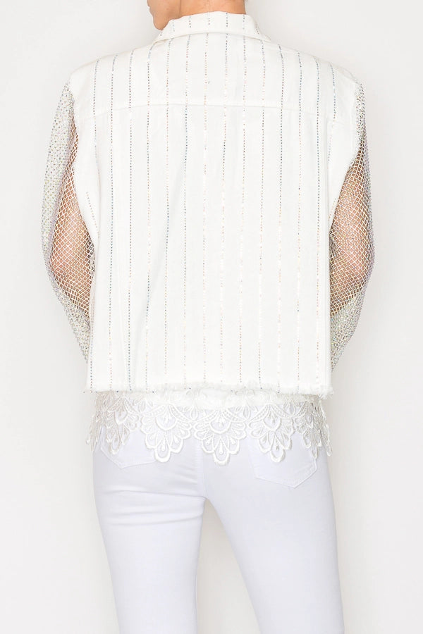 Statement Denim Jacket with Sparkly Details & Net Mesh Sleeves