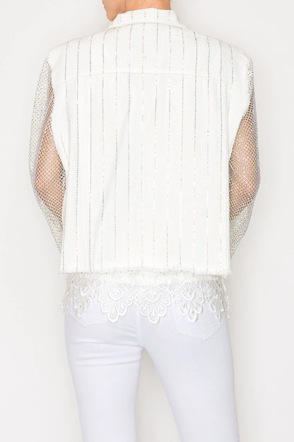 Statement Denim Jacket with Sparkly Details & Net Mesh Sleeves