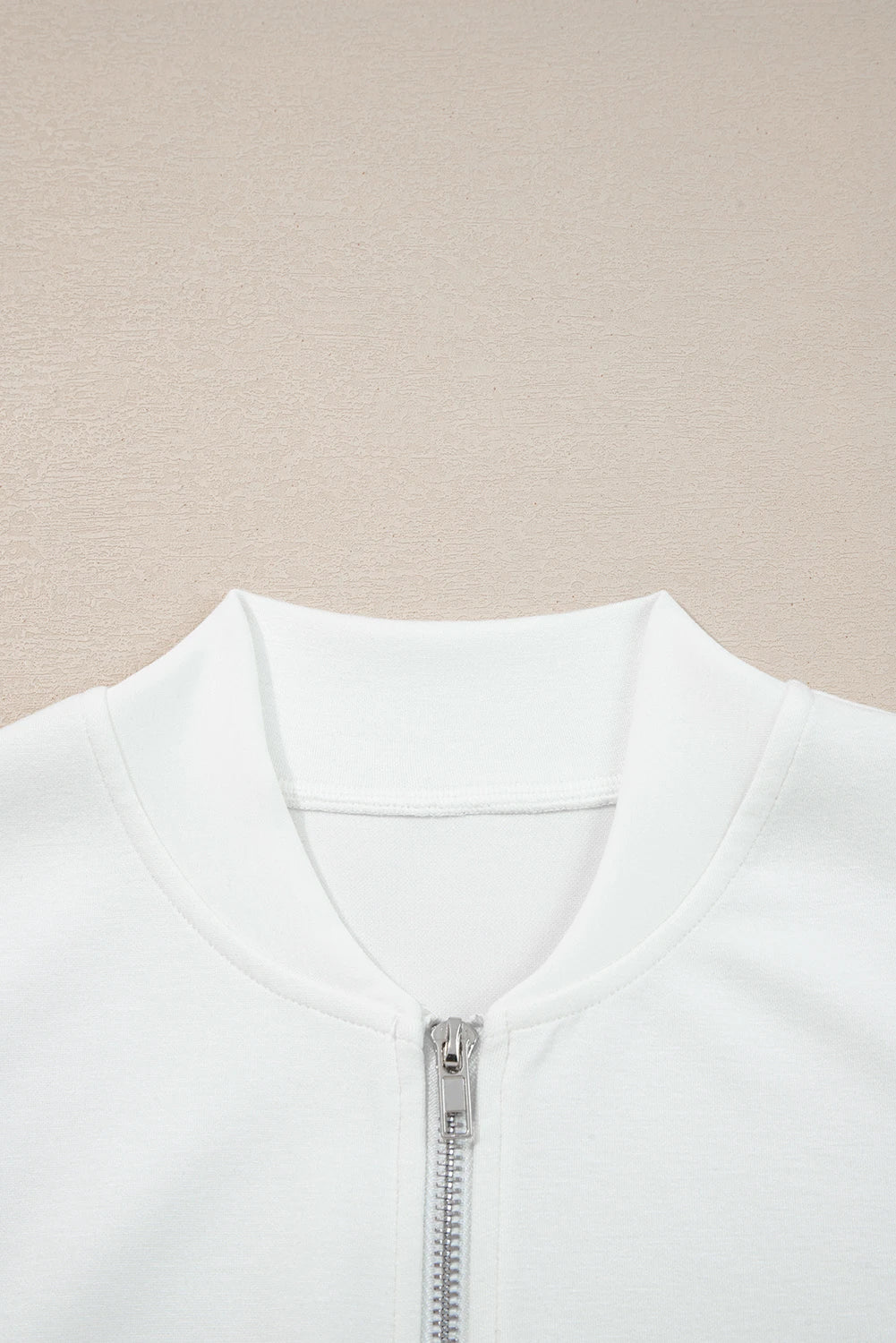 White Solid Color Zip Up Knit Puff Sleeve Jacket