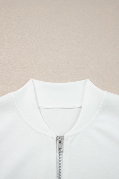 White Solid Color Zip Up Knit Puff Sleeve Jacket