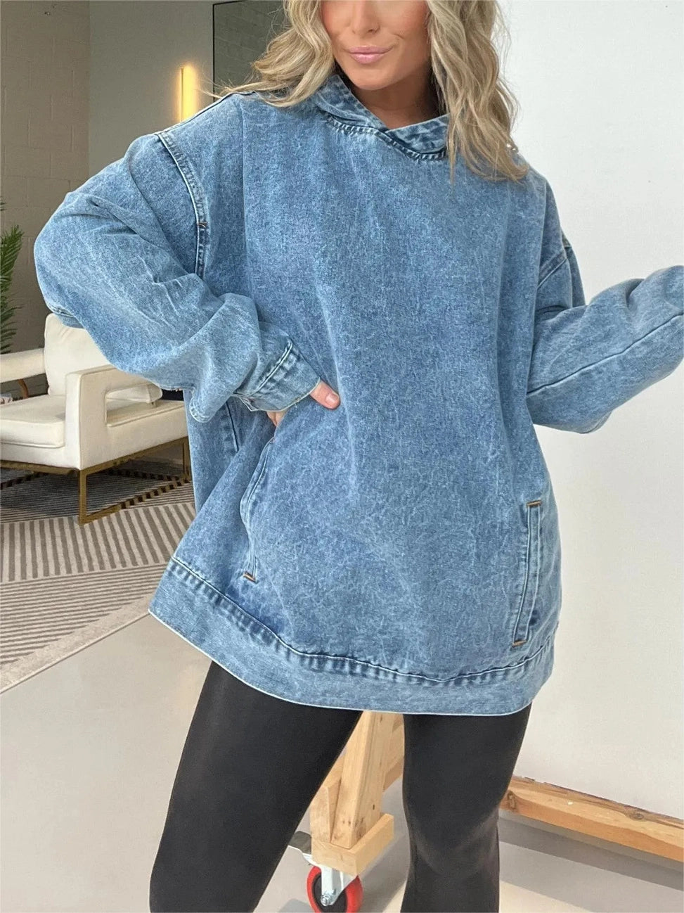 Vintage Washed Denim Pullover Hoodie