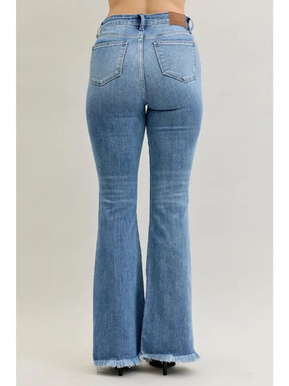 High Waisted Flare Front Pintuck Detail & Fray Hem