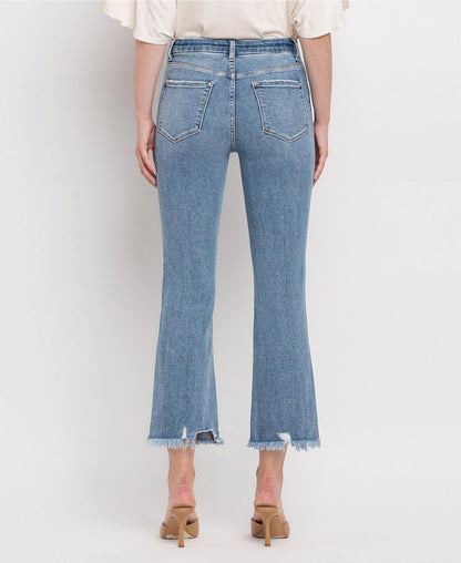 High Rise Frayed Hem Crop Flare Jeans