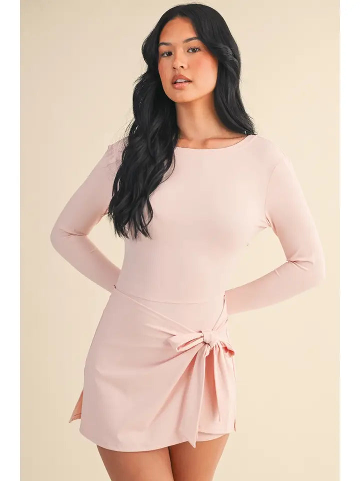 Pink Long Sleeve Wrap Tie Front Dress