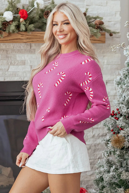 Sachet Pink Christmas Candy Cane Holiday Drop Shoulder Sweater