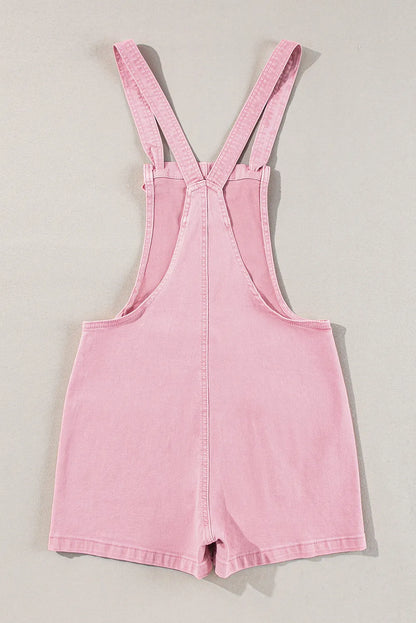 Pink Solid Color Knot Straps Denim Romper with Pockets