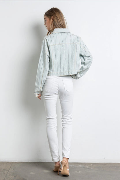 Rhinestone Button Down Cropped Denim Jacket
