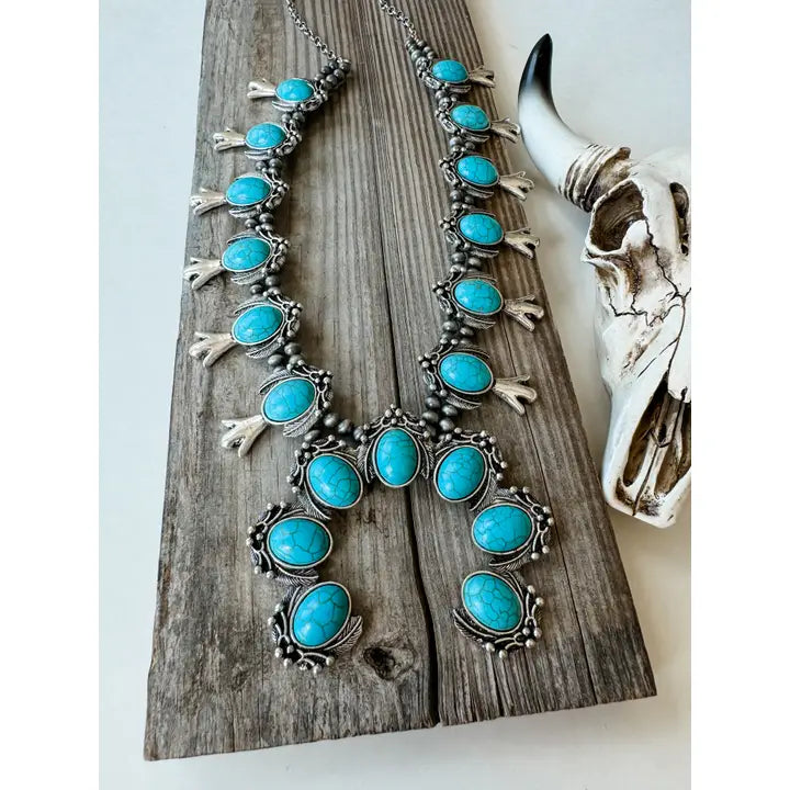Western Navajo Style Squash Blossom Stone Necklace
