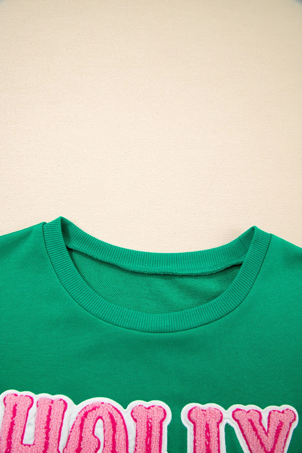 Green HOLLY JOLLY Towel Embroidered Christmas Holiday Sweatshirt