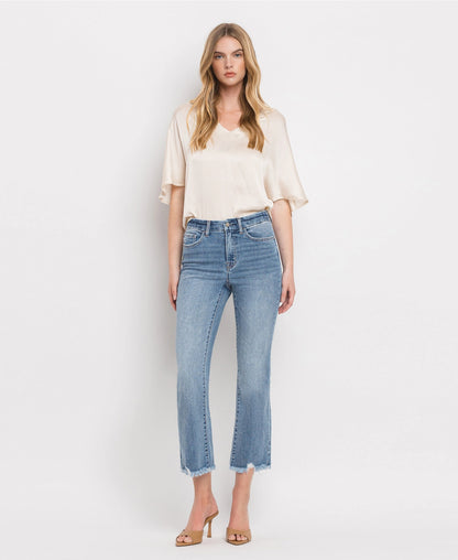 High Rise Frayed Hem Crop Flare Jeans