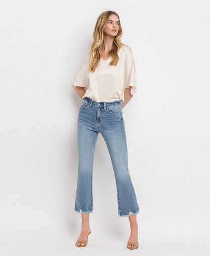 High Rise Frayed Hem Crop Flare Jeans