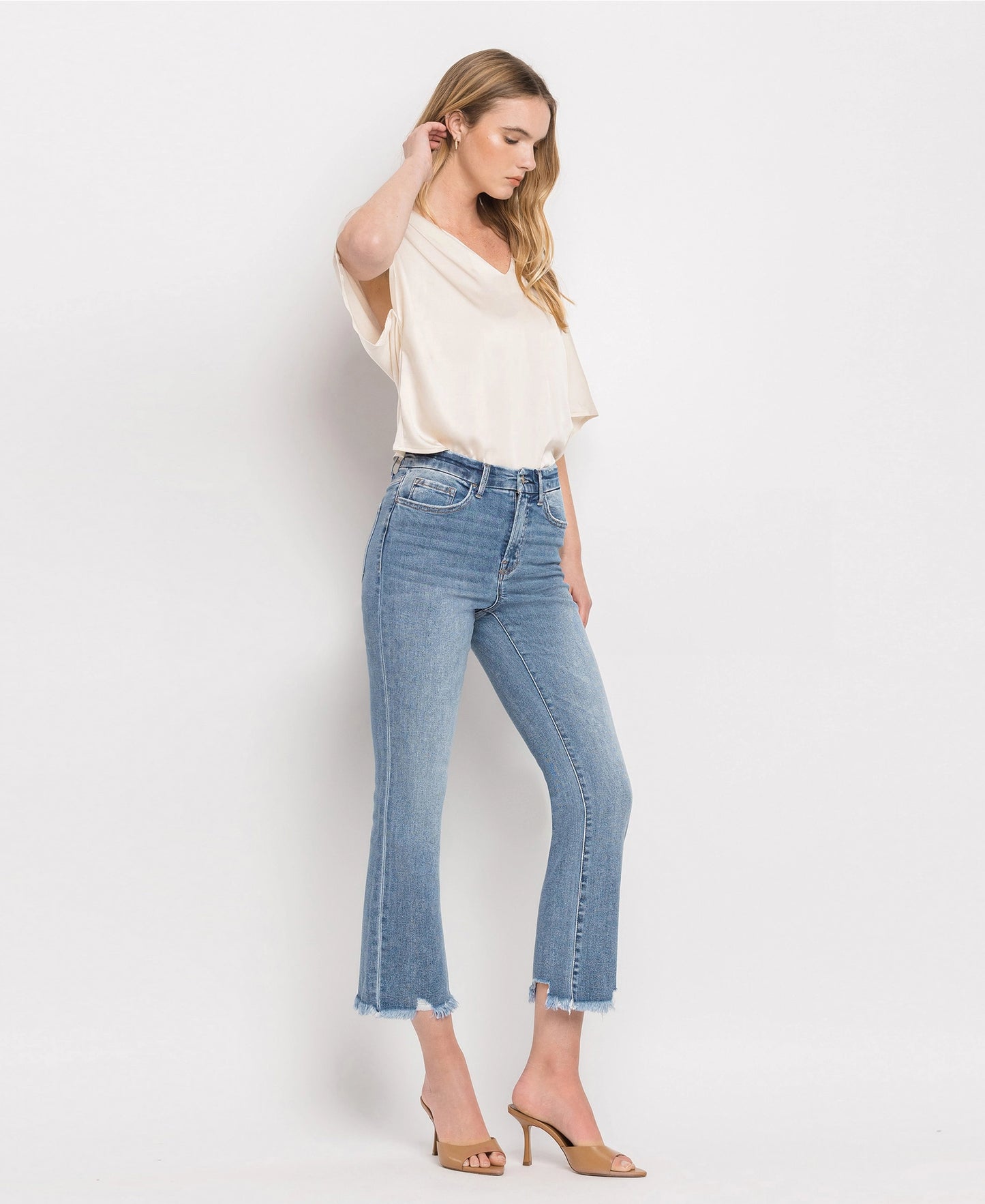 High Rise Frayed Hem Crop Flare Jeans