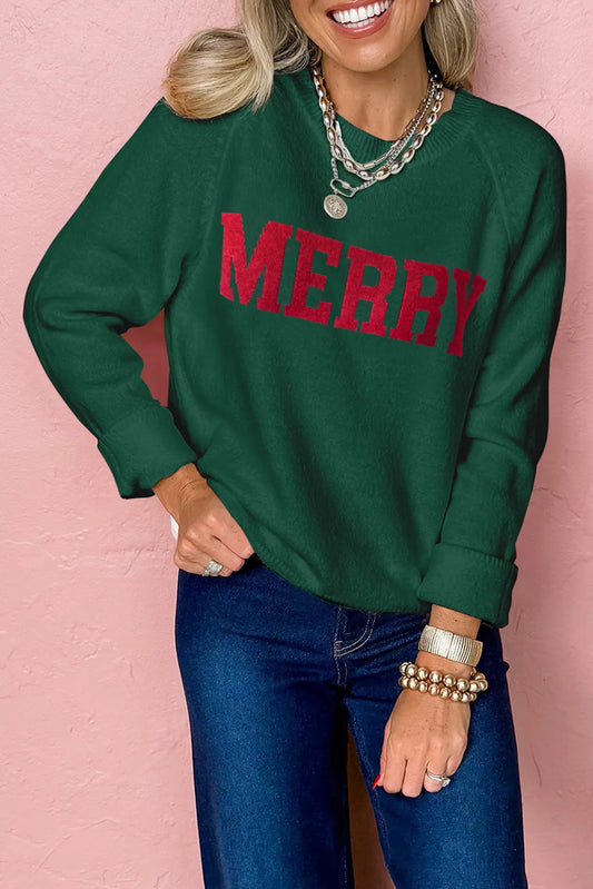 Blackish Green MERRY Letter Pattern Christmas Raglan Sleeve Sweater