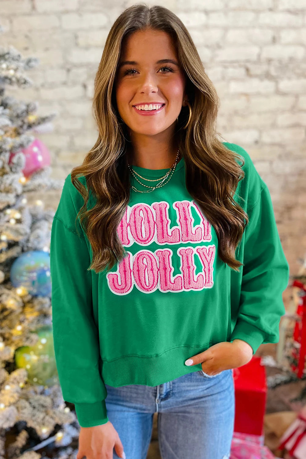 Green HOLLY JOLLY Towel Embroidered Christmas Holiday Sweatshirt