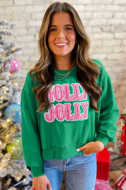 Green HOLLY JOLLY Towel Embroidered Christmas Holiday Sweatshirt