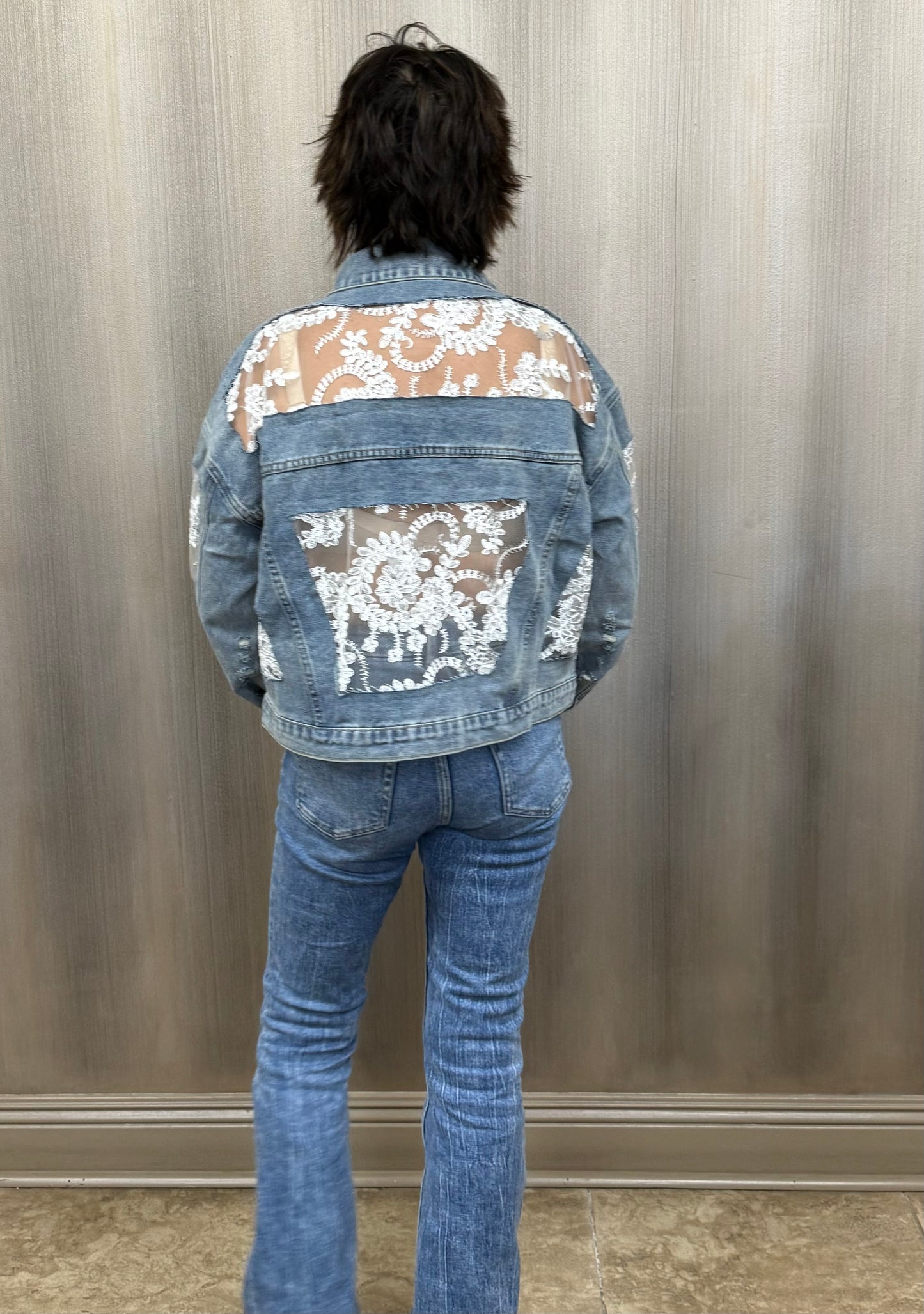 Lace Inset Raw Detail Oversized Denim Jacket